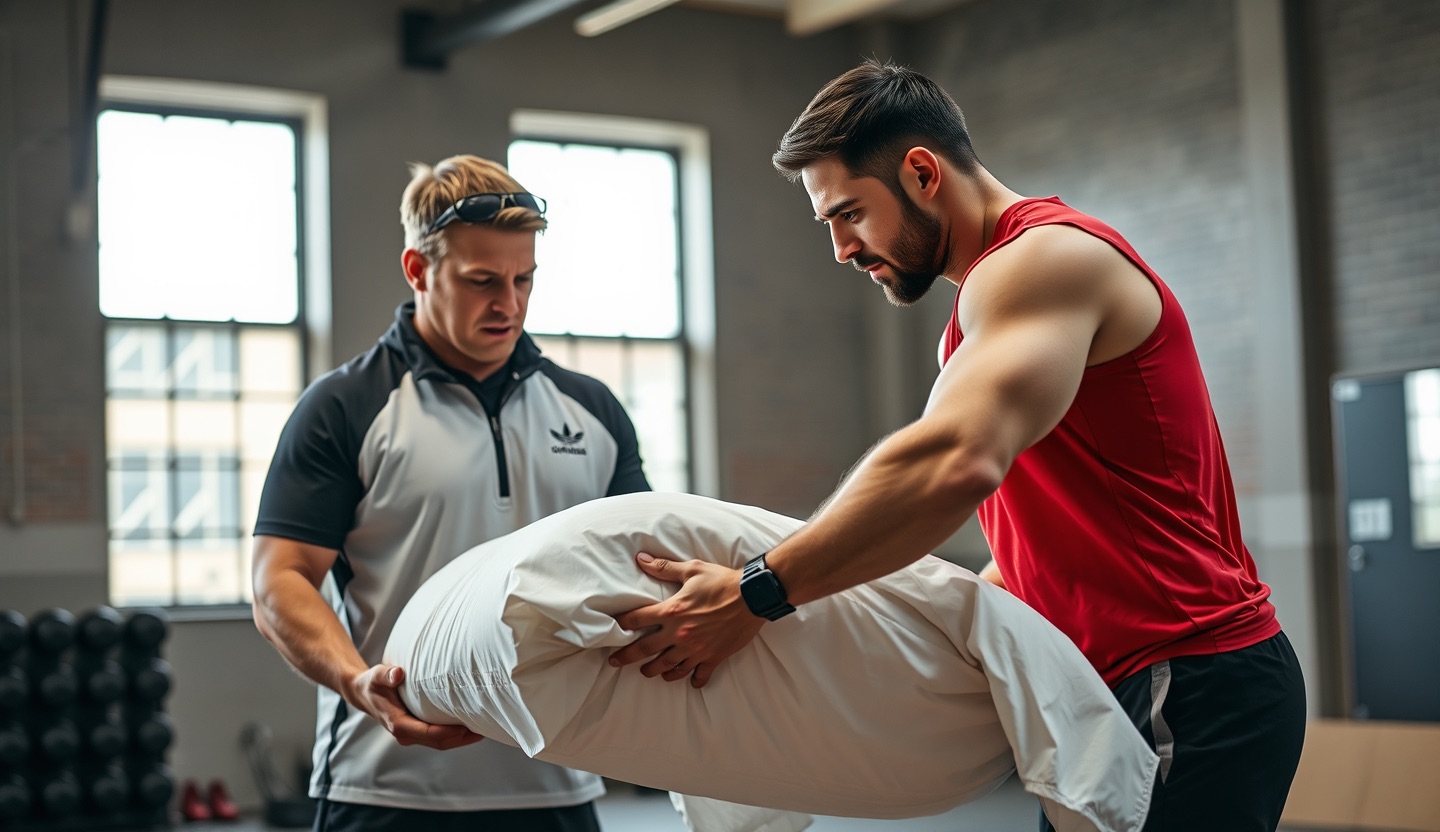 A serious sports coach with a whistle training a man folding a fitted bed sheet in a gym