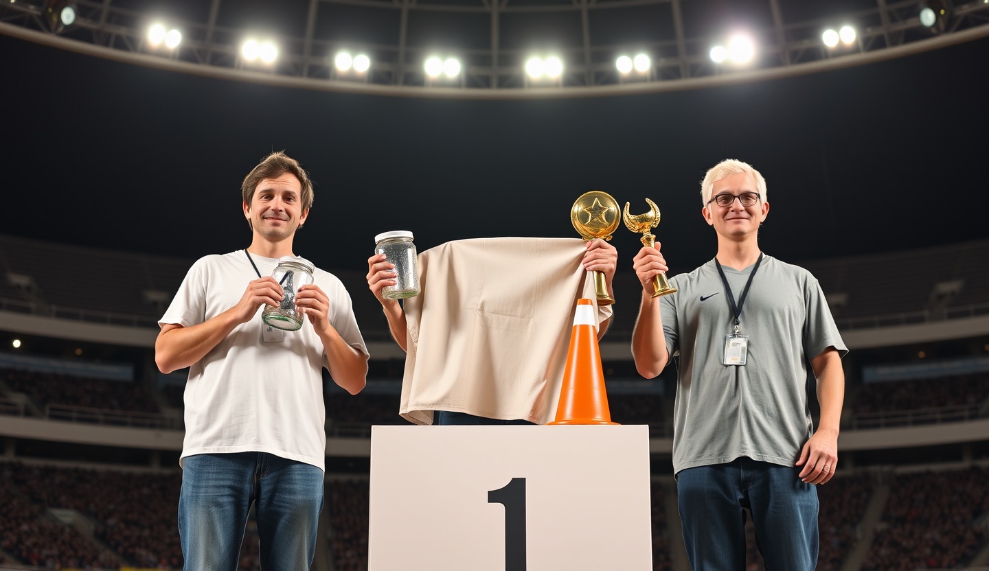 A podium with three ordinary people holding a jar, a fitted sheet and a parking cone as trophies under stadium lights